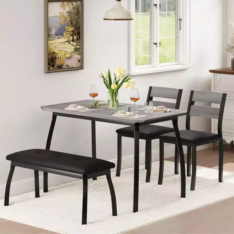 Ensemble table de salle à manger pour 4, table de cuisine robuste en bois avec conception à chanfrein et pieds en métal, banc rembourré et 2 chaises de salle à manger classiques, ensemble de cuisine et de salle à manger