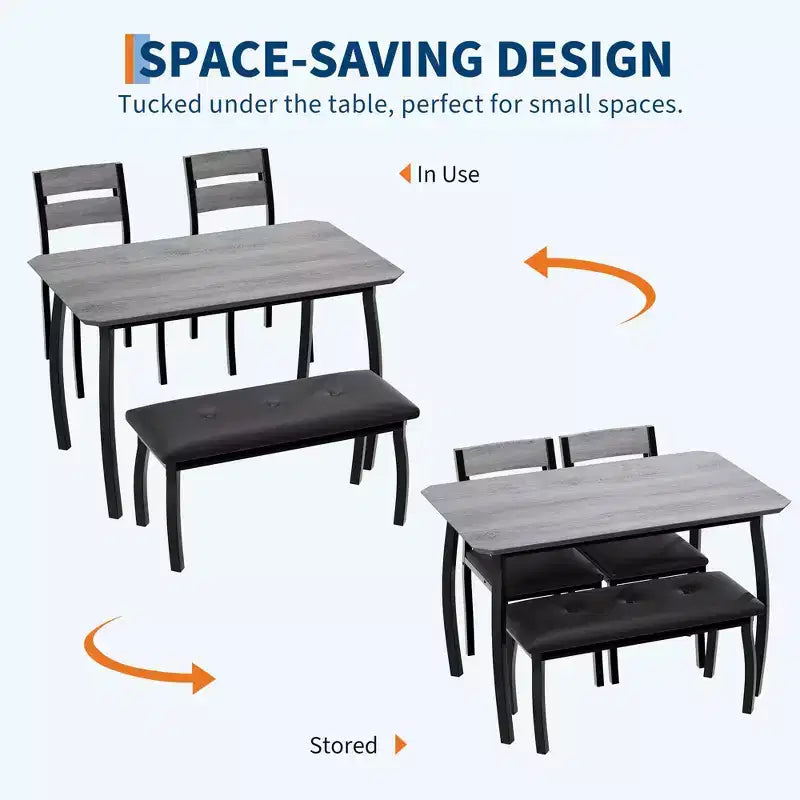 Ensemble table de salle à manger pour 4, table de cuisine robuste en bois avec conception à chanfrein et pieds en métal, banc rembourré et 2 chaises de salle à manger classiques, ensemble de cuisine et de salle à manger