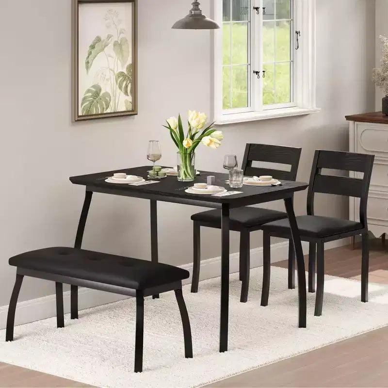 Ensemble table de salle à manger pour 4, table de cuisine robuste en bois avec conception à chanfrein et pieds en métal, banc rembourré et 2 chaises de salle à manger classiques, ensemble de cuisine et de salle à manger