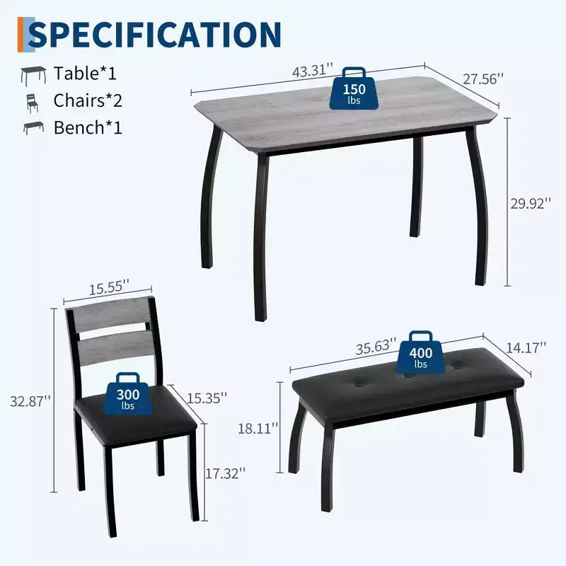 Ensemble table de salle à manger pour 4, table de cuisine robuste en bois avec conception à chanfrein et pieds en métal, banc rembourré et 2 chaises de salle à manger classiques, ensemble de cuisine et de salle à manger