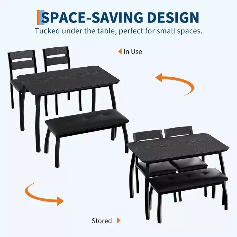 Ensemble table de salle à manger pour 4, table de cuisine robuste en bois avec conception à chanfrein et pieds en métal, banc rembourré et 2 chaises de salle à manger classiques, ensemble de cuisine et de salle à manger