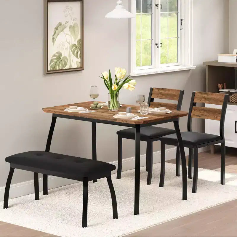 Ensemble table de salle à manger pour 4, table de cuisine robuste en bois avec conception à chanfrein et pieds en métal, banc rembourré et 2 chaises de salle à manger classiques, ensemble de cuisine et de salle à manger
