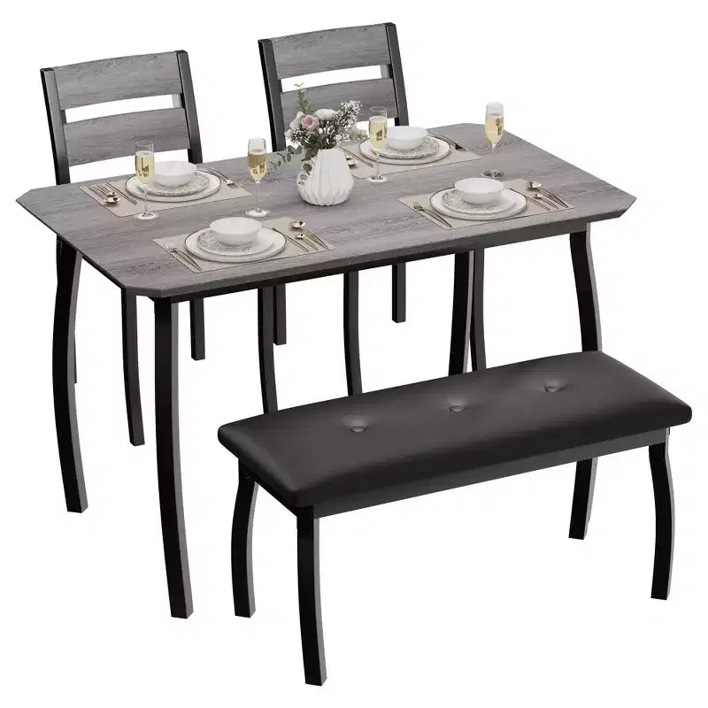 Ensemble table de salle à manger pour 4, table de cuisine robuste en bois avec conception à chanfrein et pieds en métal, banc rembourré et 2 chaises de salle à manger classiques, ensemble de cuisine et de salle à manger