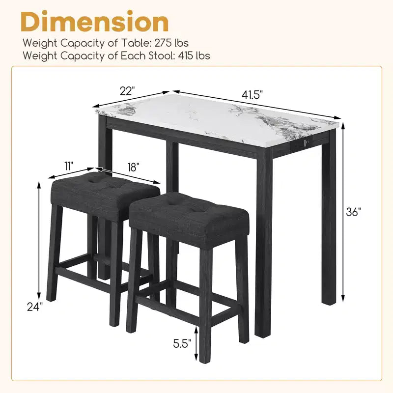 Ensemble table de bar 3 pièces Costway avec station de charge Table de petit-déjeuner moderne hauteur comptoir