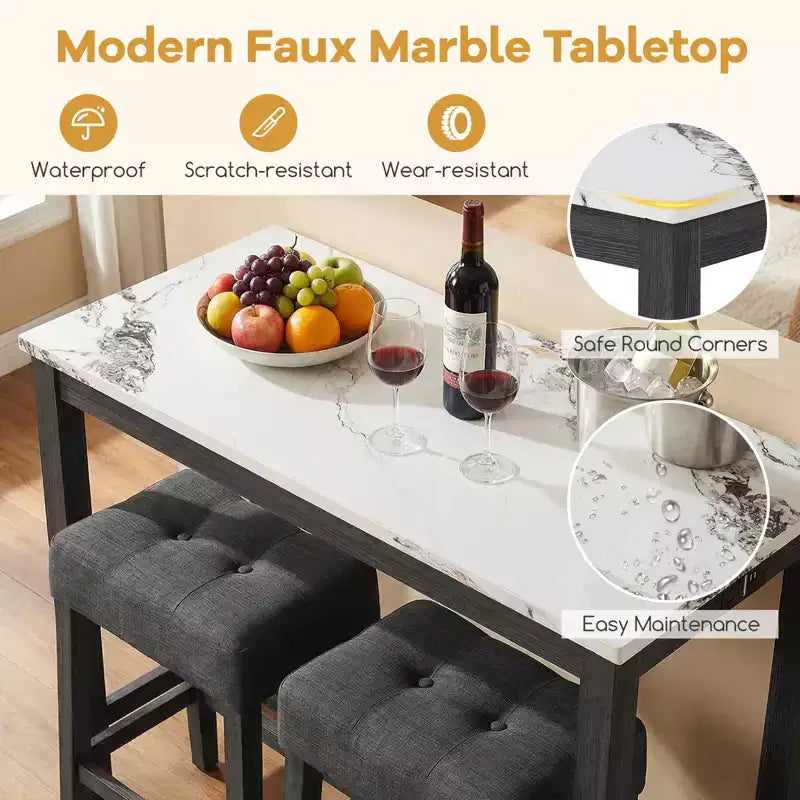 Ensemble table de bar 3 pièces Costway avec station de charge Table de petit-déjeuner moderne hauteur comptoir