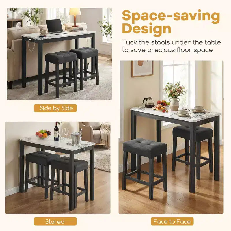 Ensemble table de bar 3 pièces Costway avec station de charge Table de petit-déjeuner moderne hauteur comptoir