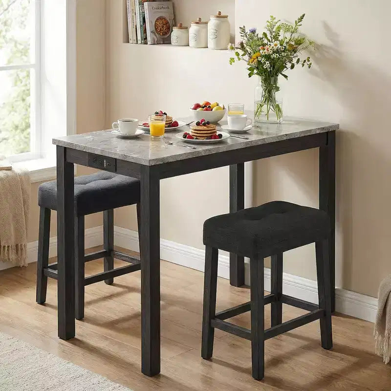 Ensemble table de bar 3 pièces Costway avec station de charge Table de petit-déjeuner moderne hauteur comptoir