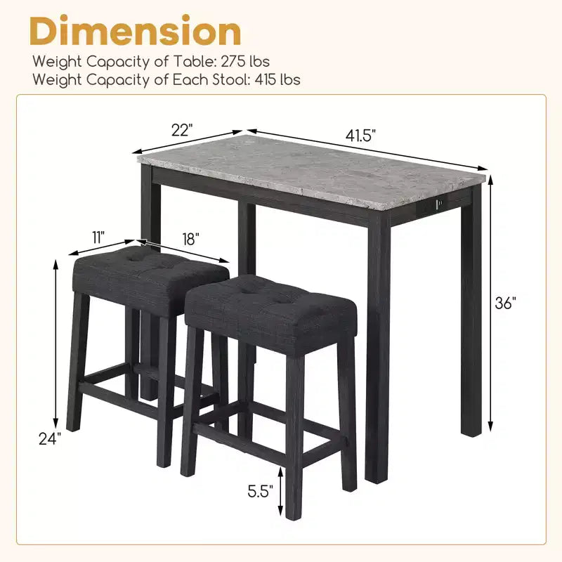 Ensemble table de bar 3 pièces Costway avec station de charge Table de petit-déjeuner moderne hauteur comptoir