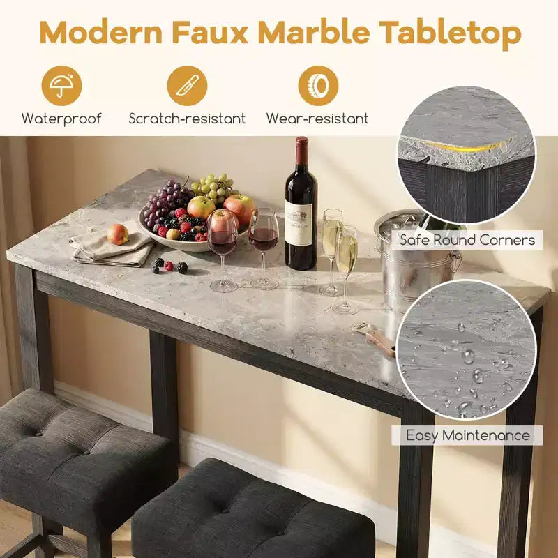 Ensemble table de bar 3 pièces Costway avec station de charge Table de petit-déjeuner moderne hauteur comptoir