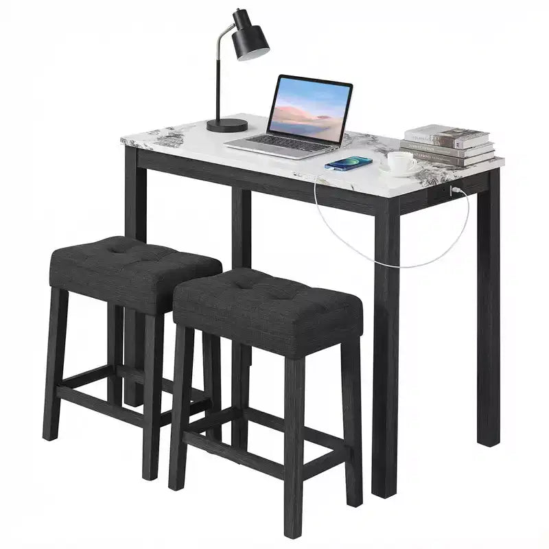 Ensemble table de bar 3 pièces Costway avec station de charge Table de petit-déjeuner moderne hauteur comptoir