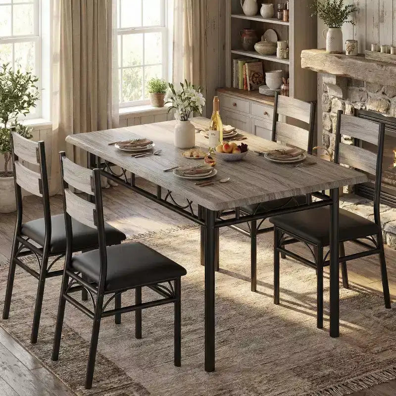 Ensemble de salle à manger 5 pièces Garvee pour 4 personnes, table de cuisine rectangulaire industrielle en bois avec 4 chaises rembourrées à dossier haut