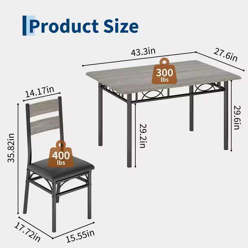 Ensemble de salle à manger 5 pièces Garvee pour 4 personnes, table de cuisine rectangulaire industrielle en bois avec 4 chaises rembourrées à dossier haut