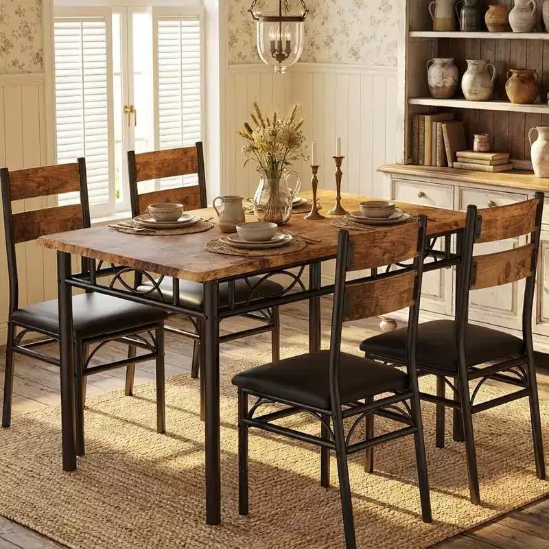 Ensemble de salle à manger 5 pièces Garvee pour 4 personnes, table de cuisine rectangulaire industrielle en bois avec 4 chaises rembourrées à dossier haut