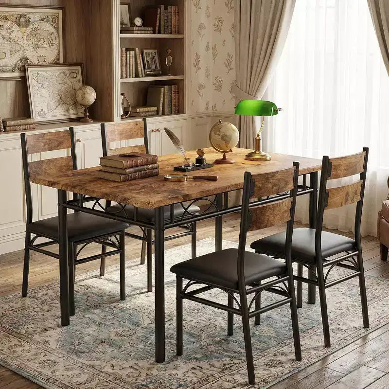 Ensemble de salle à manger 5 pièces Garvee pour 4 personnes, table de cuisine rectangulaire industrielle en bois avec 4 chaises rembourrées à dossier haut