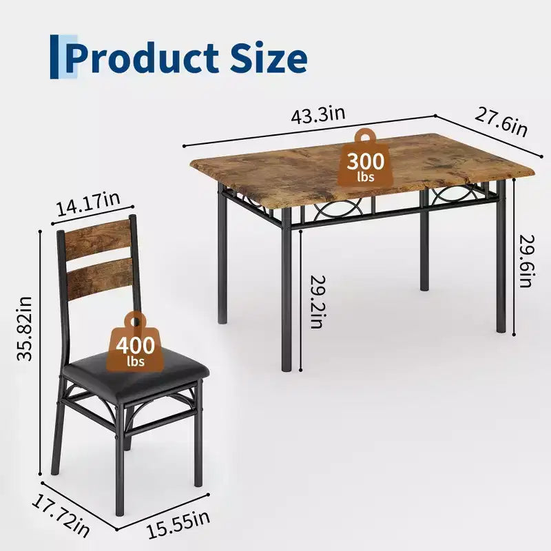 Ensemble de salle à manger 5 pièces Garvee pour 4 personnes, table de cuisine rectangulaire industrielle en bois avec 4 chaises rembourrées à dossier haut
