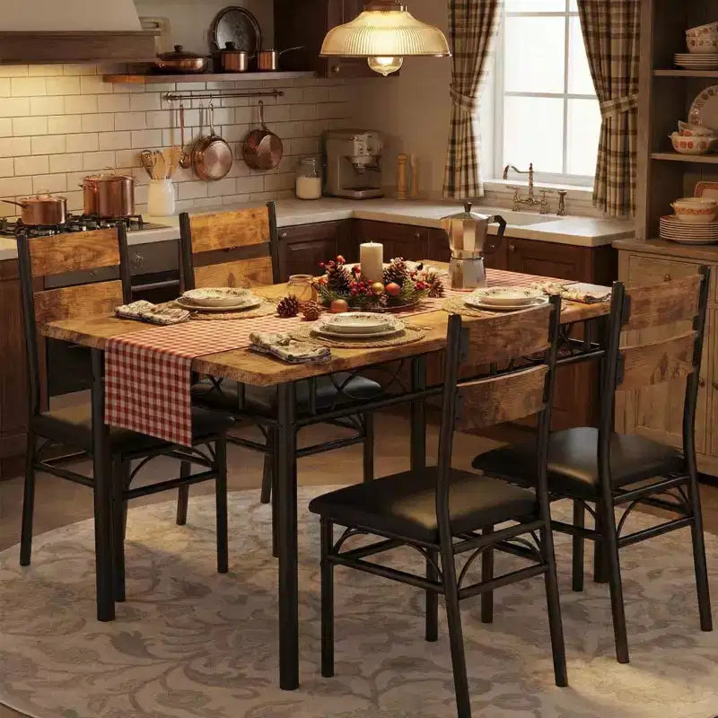 Garvee 5 Piece Dining Table Set for 4, Wooden Industrial Rectangular Kitchen Dinner Table w/ 4 Upholstered High Back Chairs Set