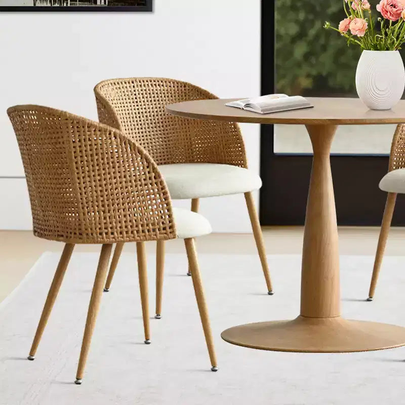 Ensemble table à manger ronde pour 4 personnes, table sur pied aspect bois naturel et chaises de salle à manger rembourrées avec dossier en rotin, idéal pour salle à manger-Panipeachy