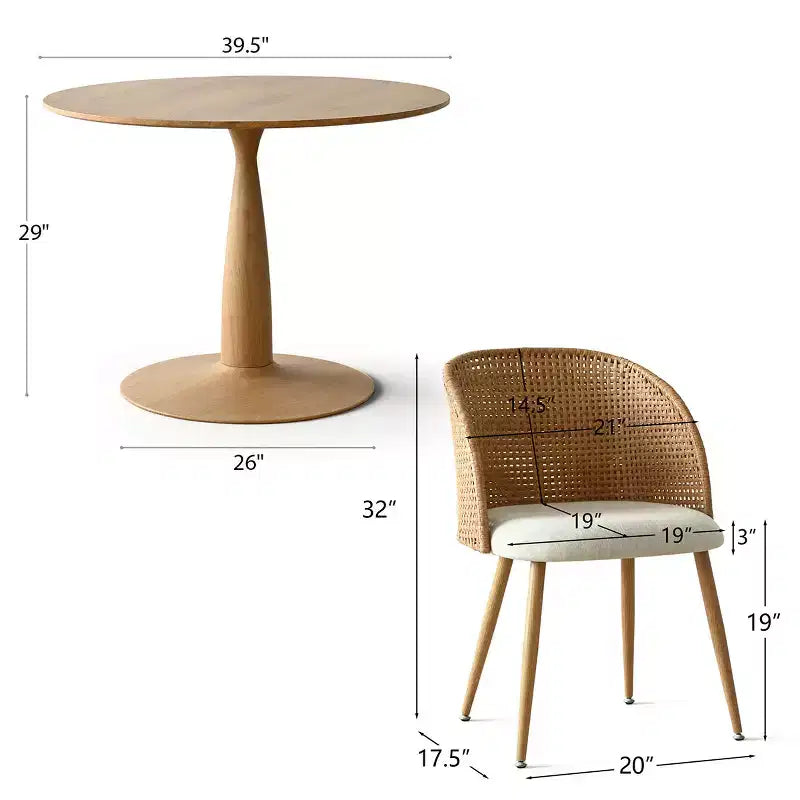 Ensemble table à manger ronde pour 4 personnes, table sur pied aspect bois naturel et chaises de salle à manger rembourrées avec dossier en rotin, idéal pour salle à manger-Panipeachy