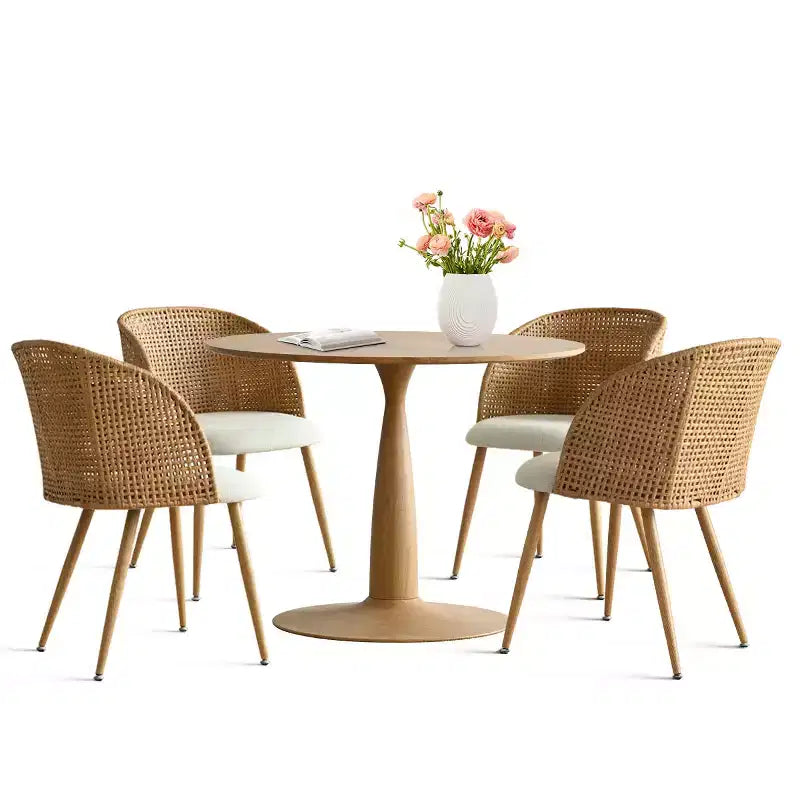 Ensemble table à manger ronde pour 4 personnes, table sur pied aspect bois naturel et chaises de salle à manger rembourrées avec dossier en rotin, idéal pour salle à manger-Panipeachy