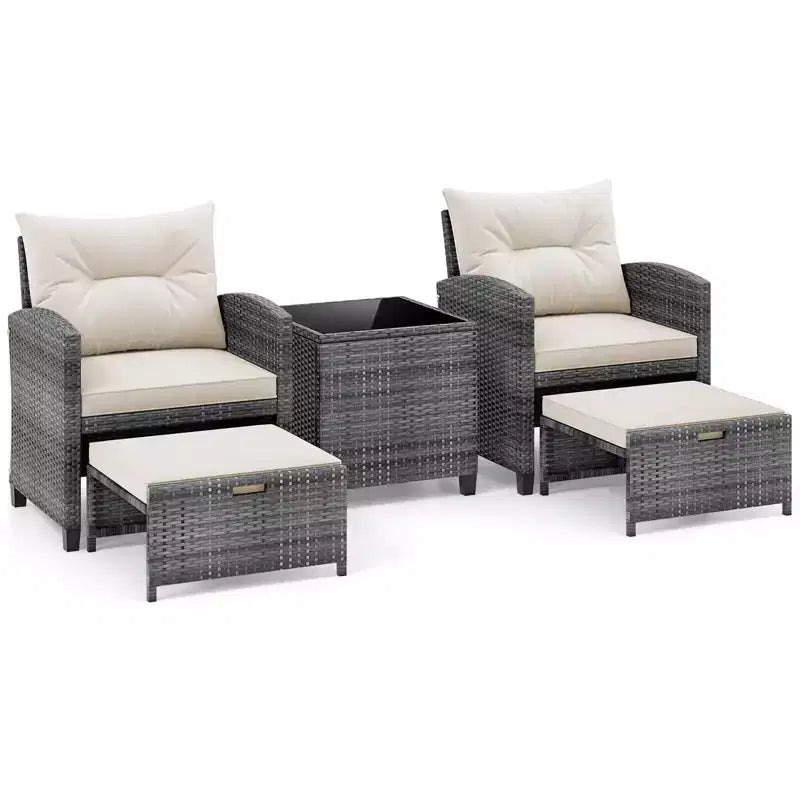 Costway Ensemble de Meubles de Jardin en Rotin 5 Pièces avec 2 Ottomans et Table Basse en Verre Trempé Gris Mixte + Turquoise/Blanc Cassé/Rouge/Marron/Gris/Bleu Marine/Noir