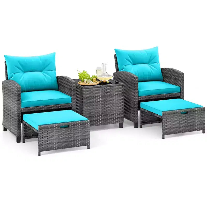 Costway Ensemble de Meubles de Jardin en Rotin 5 Pièces avec 2 Ottomans et Table Basse en Verre Trempé Gris Mixte + Turquoise/Blanc Cassé/Rouge/Marron/Gris/Bleu Marine/Noir