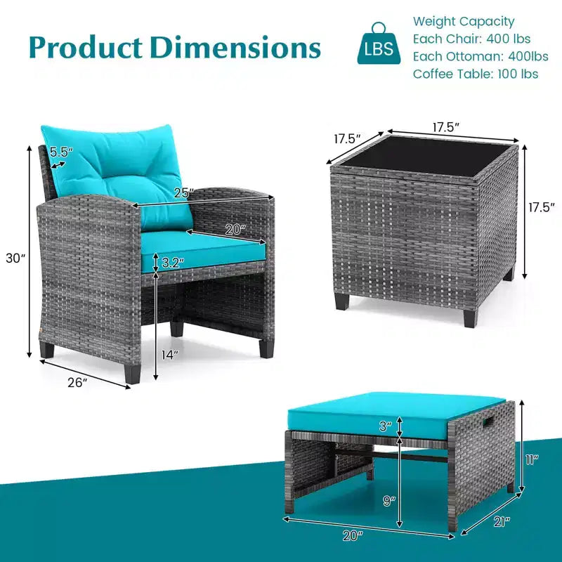 Costway Ensemble de Meubles de Jardin en Rotin 5 Pièces avec 2 Ottomans et Table Basse en Verre Trempé Gris Mixte + Turquoise/Blanc Cassé/Rouge/Marron/Gris/Bleu Marine/Noir