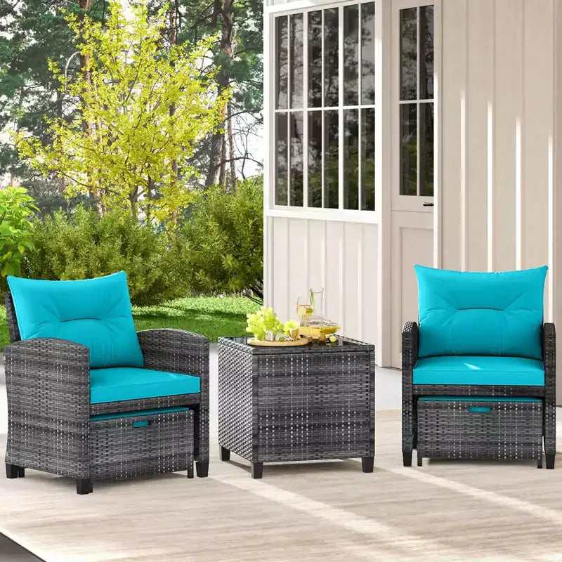 Costway Ensemble de Meubles de Jardin en Rotin 5 Pièces avec 2 Ottomans et Table Basse en Verre Trempé Gris Mixte + Turquoise/Blanc Cassé/Rouge/Marron/Gris/Bleu Marine/Noir
