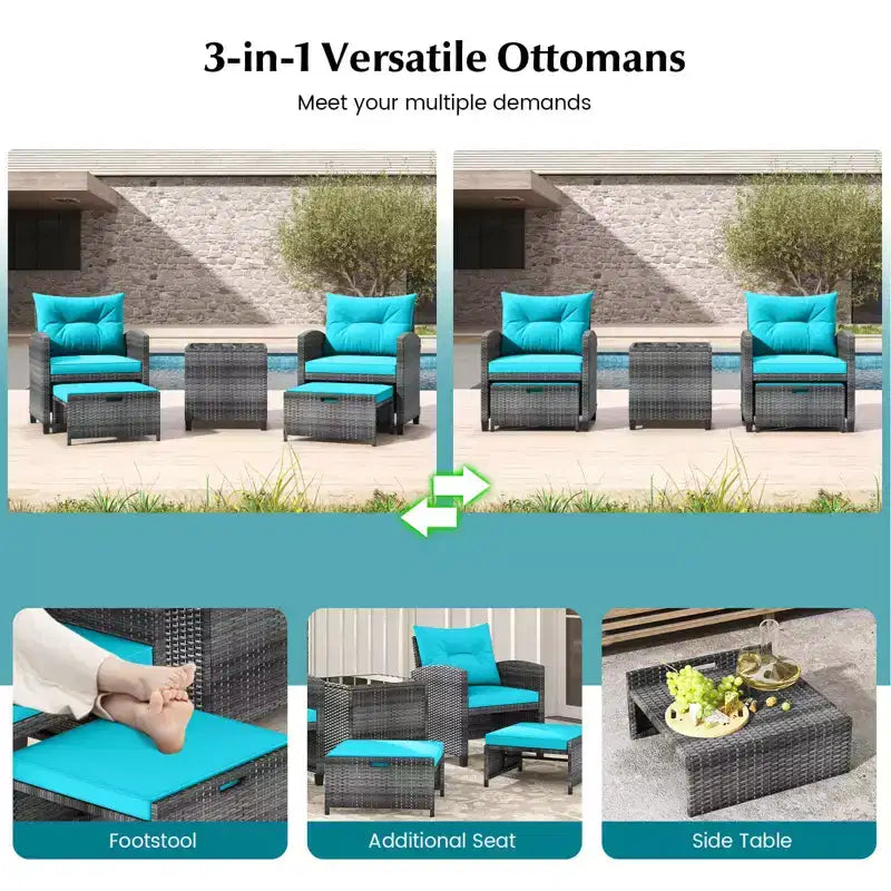 Costway Ensemble de Meubles de Jardin en Rotin 5 Pièces avec 2 Ottomans et Table Basse en Verre Trempé Gris Mixte + Turquoise/Blanc Cassé/Rouge/Marron/Gris/Bleu Marine/Noir