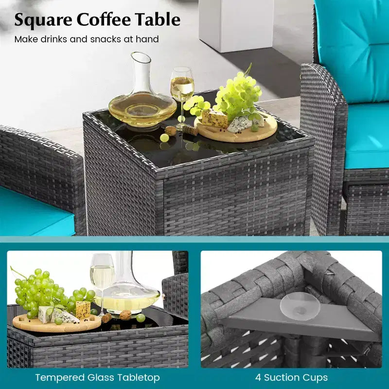 Costway Ensemble de Meubles de Jardin en Rotin 5 Pièces avec 2 Ottomans et Table Basse en Verre Trempé Gris Mixte + Turquoise/Blanc Cassé/Rouge/Marron/Gris/Bleu Marine/Noir