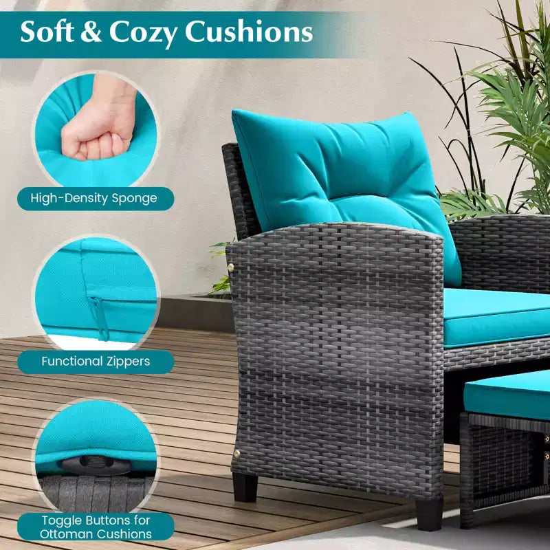 Costway Ensemble de Meubles de Jardin en Rotin 5 Pièces avec 2 Ottomans et Table Basse en Verre Trempé Gris Mixte + Turquoise/Blanc Cassé/Rouge/Marron/Gris/Bleu Marine/Noir