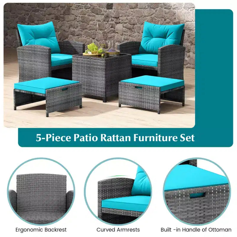 Costway Ensemble de Meubles de Jardin en Rotin 5 Pièces avec 2 Ottomans et Table Basse en Verre Trempé Gris Mixte + Turquoise/Blanc Cassé/Rouge/Marron/Gris/Bleu Marine/Noir