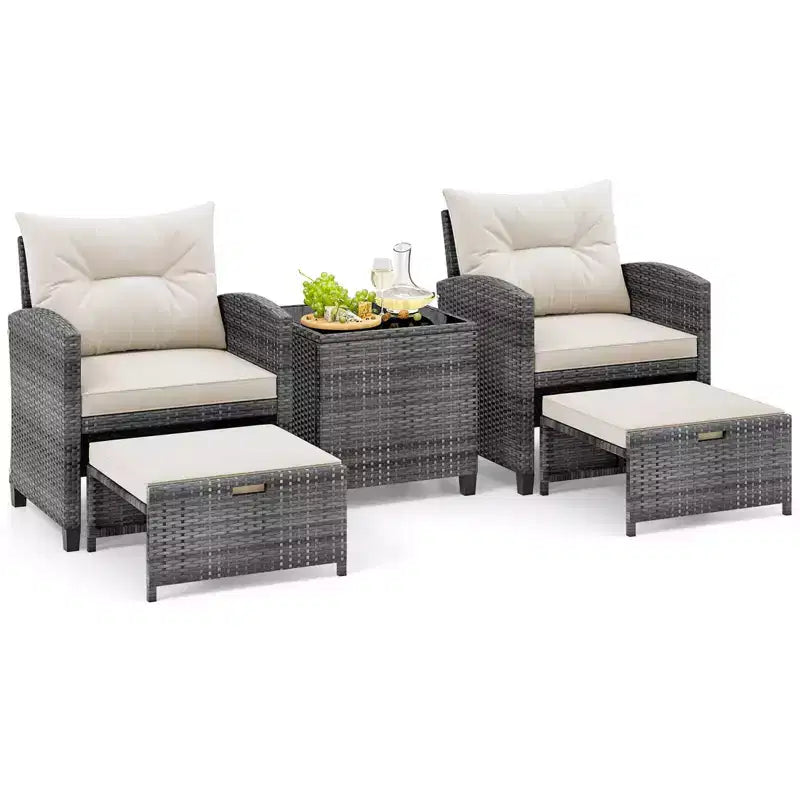 Costway Ensemble de Meubles de Jardin en Rotin 5 Pièces avec 2 Ottomans et Table Basse en Verre Trempé Gris Mixte + Turquoise/Blanc Cassé/Rouge/Marron/Gris/Bleu Marine/Noir