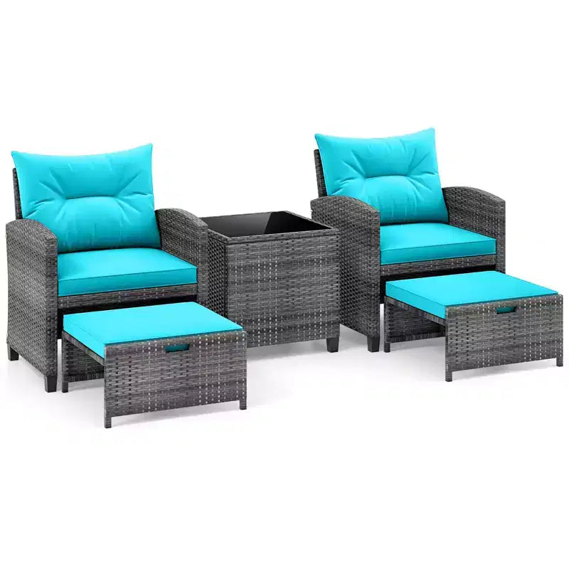 Costway Ensemble de Meubles de Jardin en Rotin 5 Pièces avec 2 Ottomans et Table Basse en Verre Trempé Gris Mixte + Turquoise/Blanc Cassé/Rouge/Marron/Gris/Bleu Marine/Noir