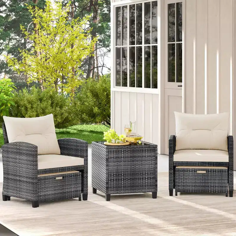 Costway Ensemble de Meubles de Jardin en Rotin 5 Pièces avec 2 Ottomans et Table Basse en Verre Trempé Gris Mixte + Turquoise/Blanc Cassé/Rouge/Marron/Gris/Bleu Marine/Noir