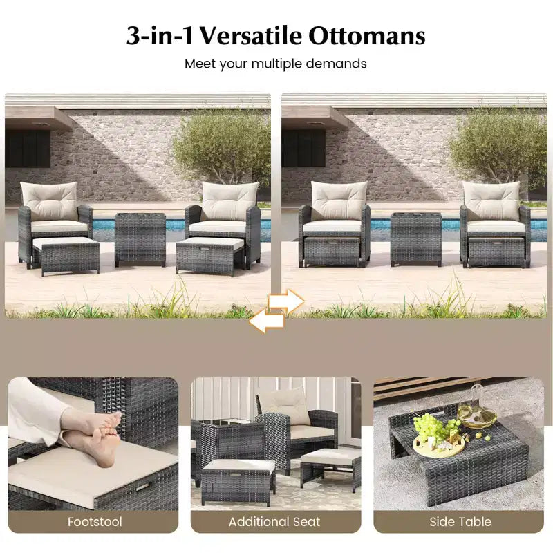 Costway Ensemble de Meubles de Jardin en Rotin 5 Pièces avec 2 Ottomans et Table Basse en Verre Trempé Gris Mixte + Turquoise/Blanc Cassé/Rouge/Marron/Gris/Bleu Marine/Noir