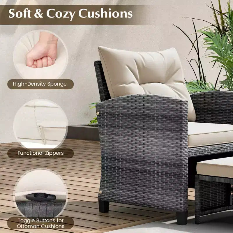 Costway Ensemble de Meubles de Jardin en Rotin 5 Pièces avec 2 Ottomans et Table Basse en Verre Trempé Gris Mixte + Turquoise/Blanc Cassé/Rouge/Marron/Gris/Bleu Marine/Noir