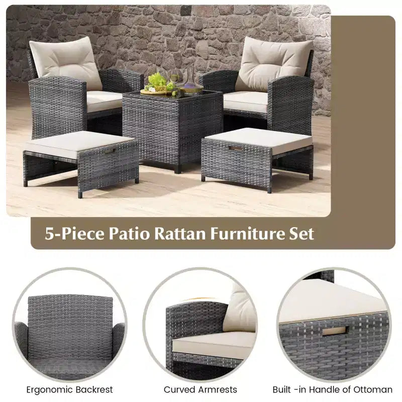 Costway Ensemble de Meubles de Jardin en Rotin 5 Pièces avec 2 Ottomans et Table Basse en Verre Trempé Gris Mixte + Turquoise/Blanc Cassé/Rouge/Marron/Gris/Bleu Marine/Noir