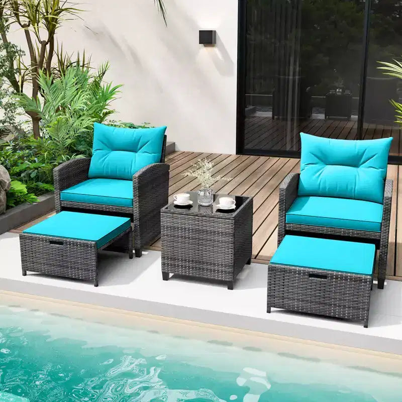 Costway Ensemble de Meubles de Jardin en Rotin 5 Pièces avec 2 Ottomans et Table Basse en Verre Trempé Gris Mixte + Turquoise/Blanc Cassé/Rouge/Marron/Gris/Bleu Marine/Noir