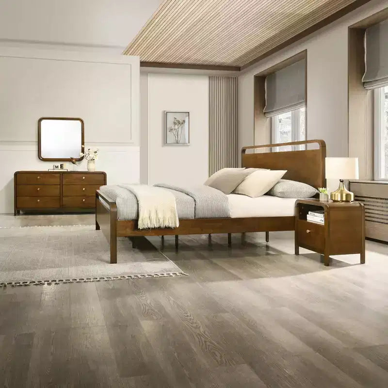 Ensemble de chambre à coucher en bois Eldren de Roundhill Furniture, lit plateforme avec commode, miroir, deux tables de chevet, chiffonnier au fini noyer