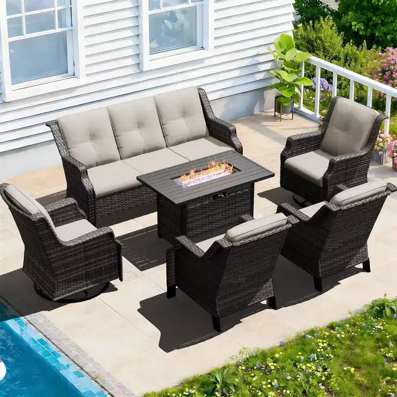 Ensemble d'extérieur premium UPTIOT avec fauteuils à bascule, fauteuils pivotants, canapé et brasero pour une détente optimale