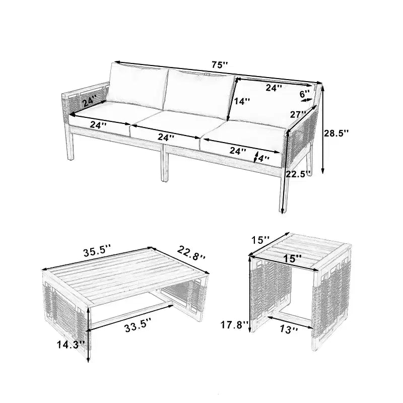 GDFStudio Brynn Ensemble de conversation 3 pièces en bois d'acacia avec canapé 3 places et 2 tables basses