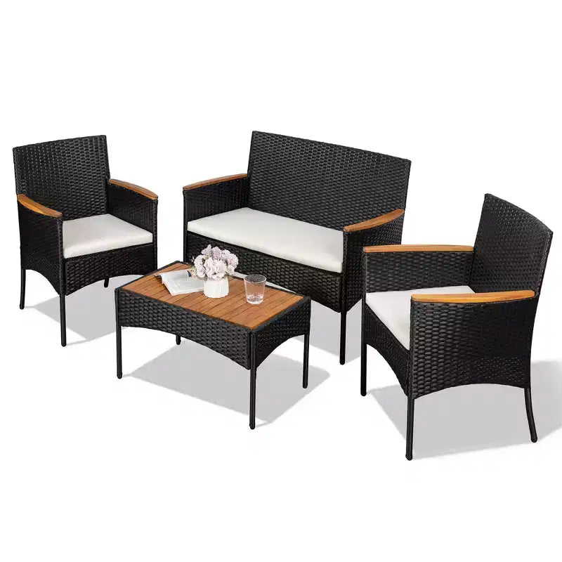 Salon de jardin 4 pièces Celebalcony, ensemble de mobilier de conversation d'extérieur en osier avec coussins et plateau de table en bois pour patio, pelouse, piscine, noir