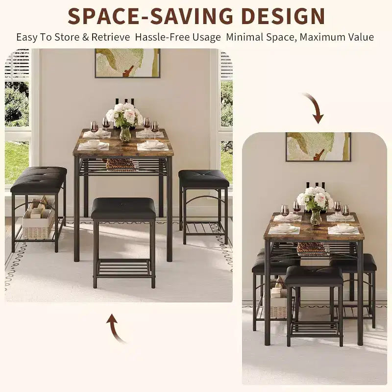 Ensemble table à manger pour 4 avec bancs rembourrés et 2 tabourets, table de petit-déjeuner de cuisine moderne peu encombrante