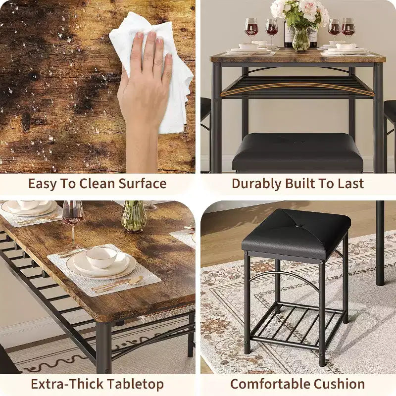 Ensemble table à manger pour 4 avec bancs rembourrés et 2 tabourets, table de petit-déjeuner de cuisine moderne peu encombrante
