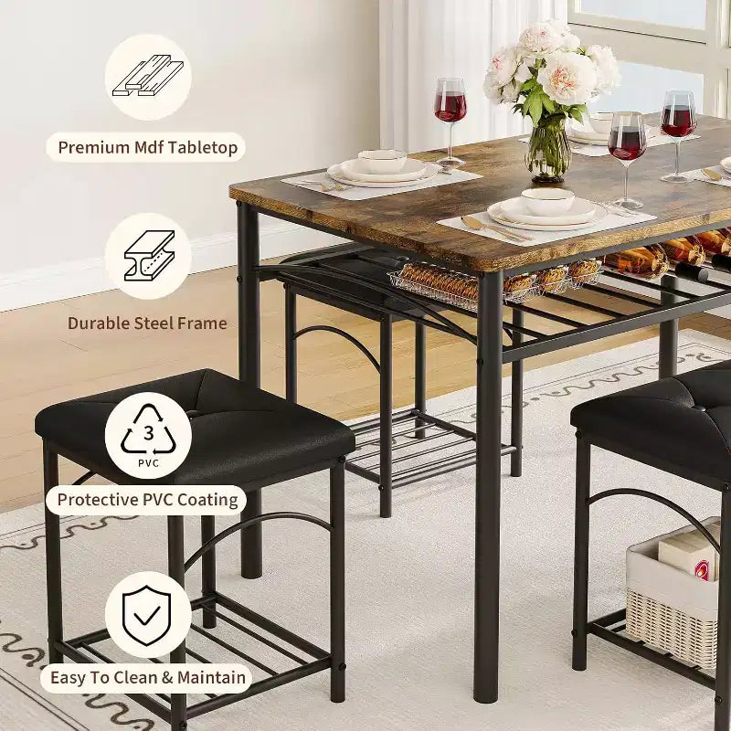 Ensemble table à manger pour 4 avec bancs rembourrés et 2 tabourets, table de petit-déjeuner de cuisine moderne peu encombrante