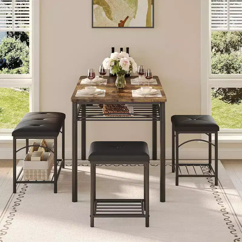 Ensemble table à manger pour 4 avec bancs rembourrés et 2 tabourets, table de petit-déjeuner de cuisine moderne peu encombrante