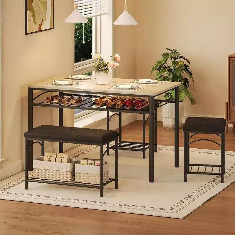Ensemble table à manger pour 4 avec bancs rembourrés et 2 tabourets, table de petit-déjeuner de cuisine moderne peu encombrante