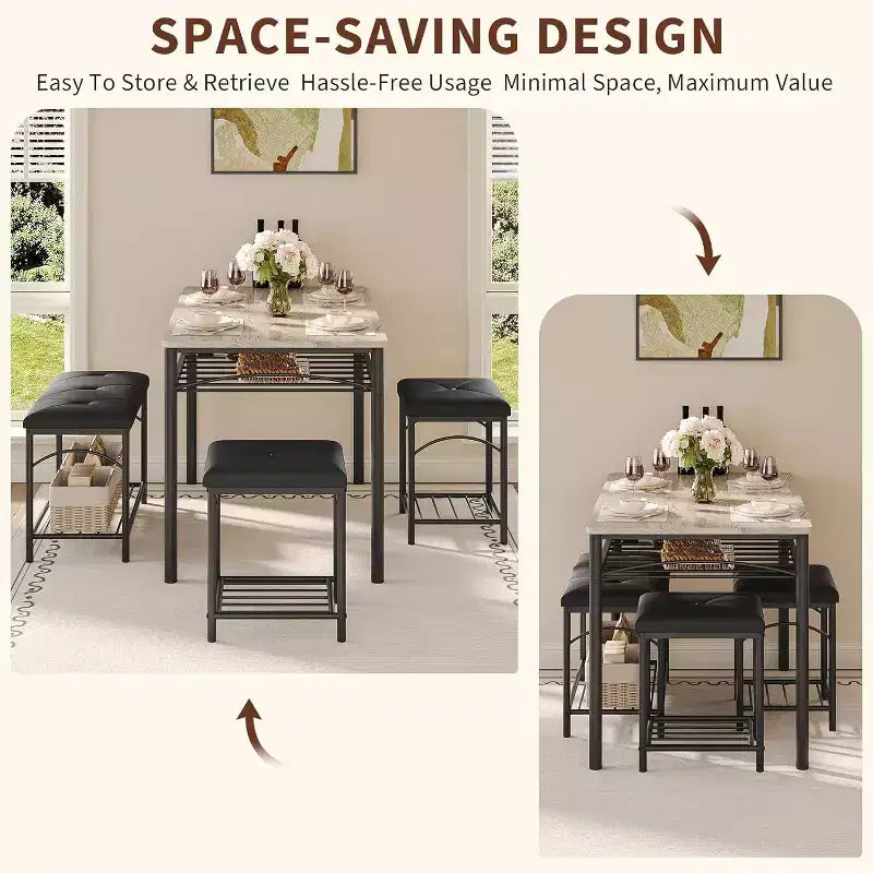 Ensemble table à manger pour 4 avec bancs rembourrés et 2 tabourets, table de petit-déjeuner de cuisine moderne peu encombrante