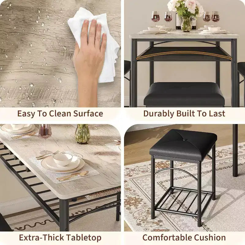 Ensemble table à manger pour 4 avec bancs rembourrés et 2 tabourets, table de petit-déjeuner de cuisine moderne peu encombrante