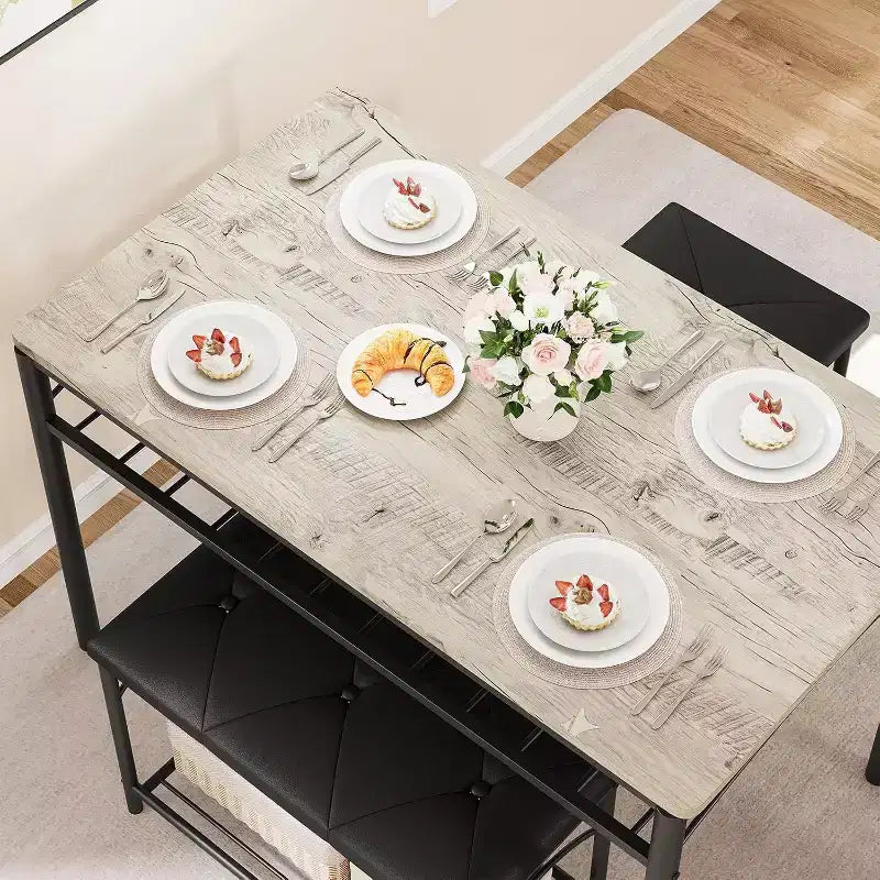 Ensemble table à manger pour 4 avec bancs rembourrés et 2 tabourets, table de petit-déjeuner de cuisine moderne peu encombrante